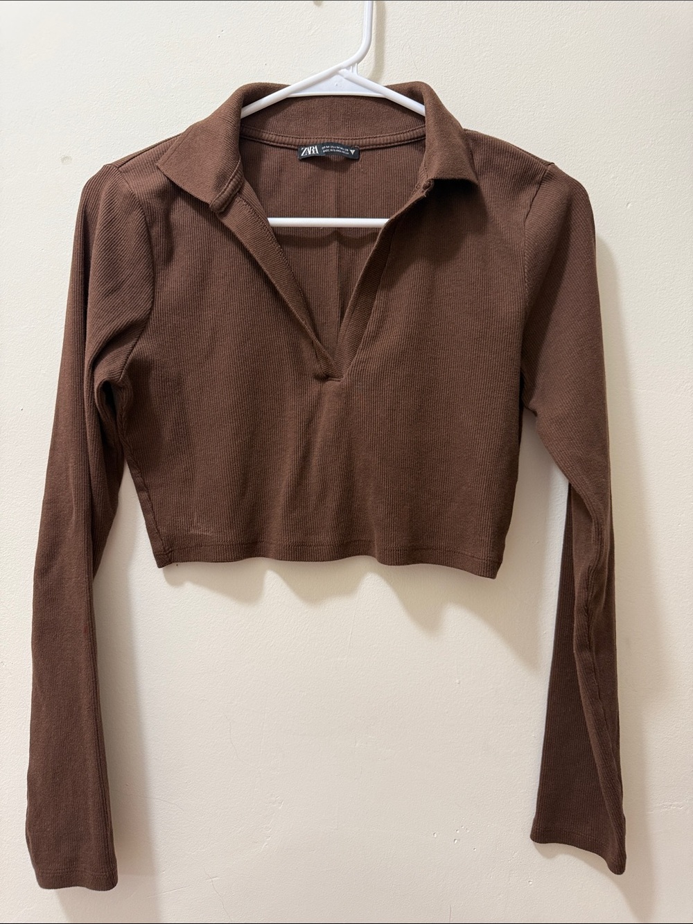Zara Brown Cropped Polo Knit Top